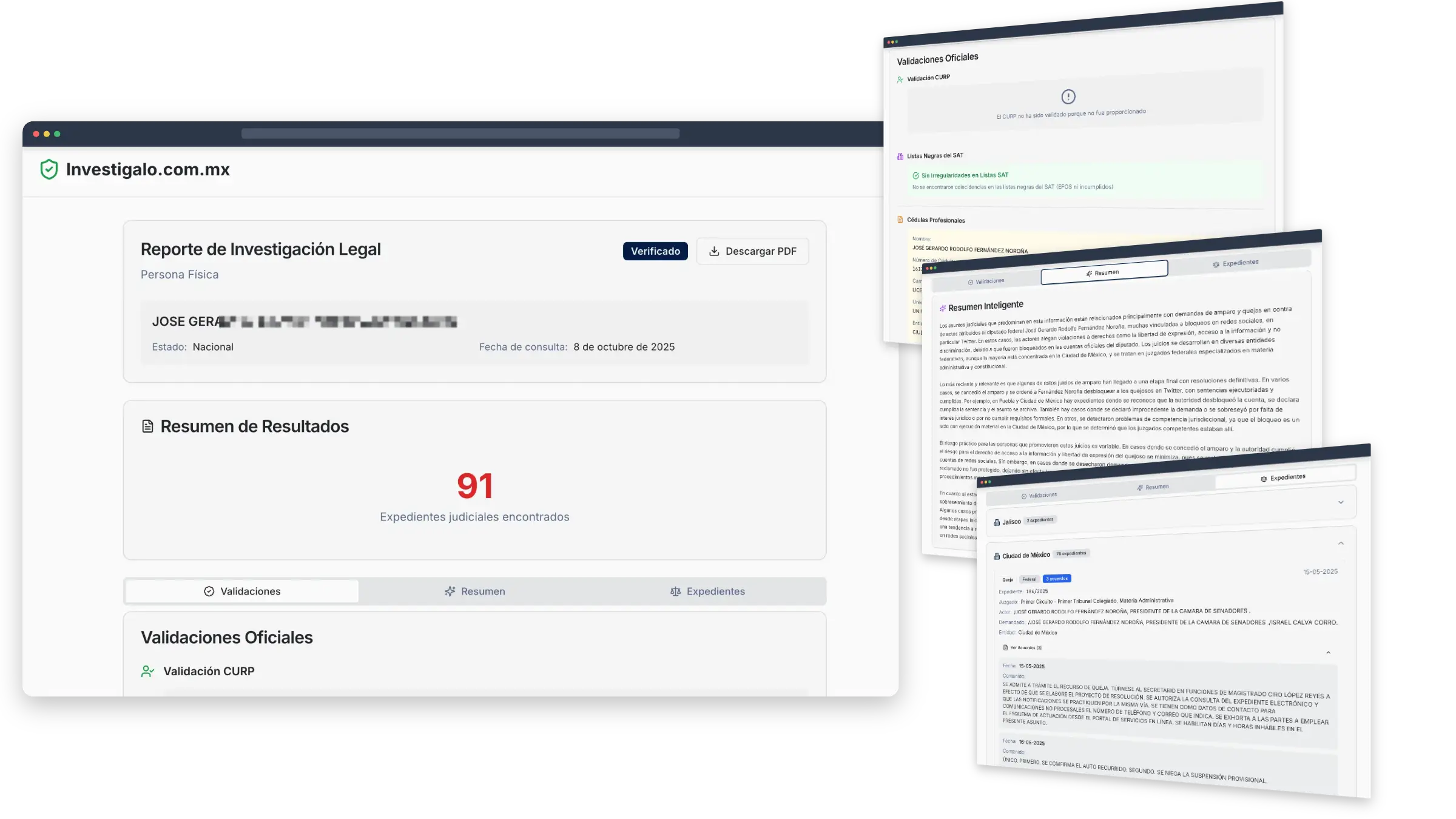 Plataforma de búsqueda de antecedentes judiciales en México con reporte completo mostrando validaciones CURP y RFC, resumen inteligente de expedientes judiciales, y detalle de juicios mercantiles en Investigalo.com.mx